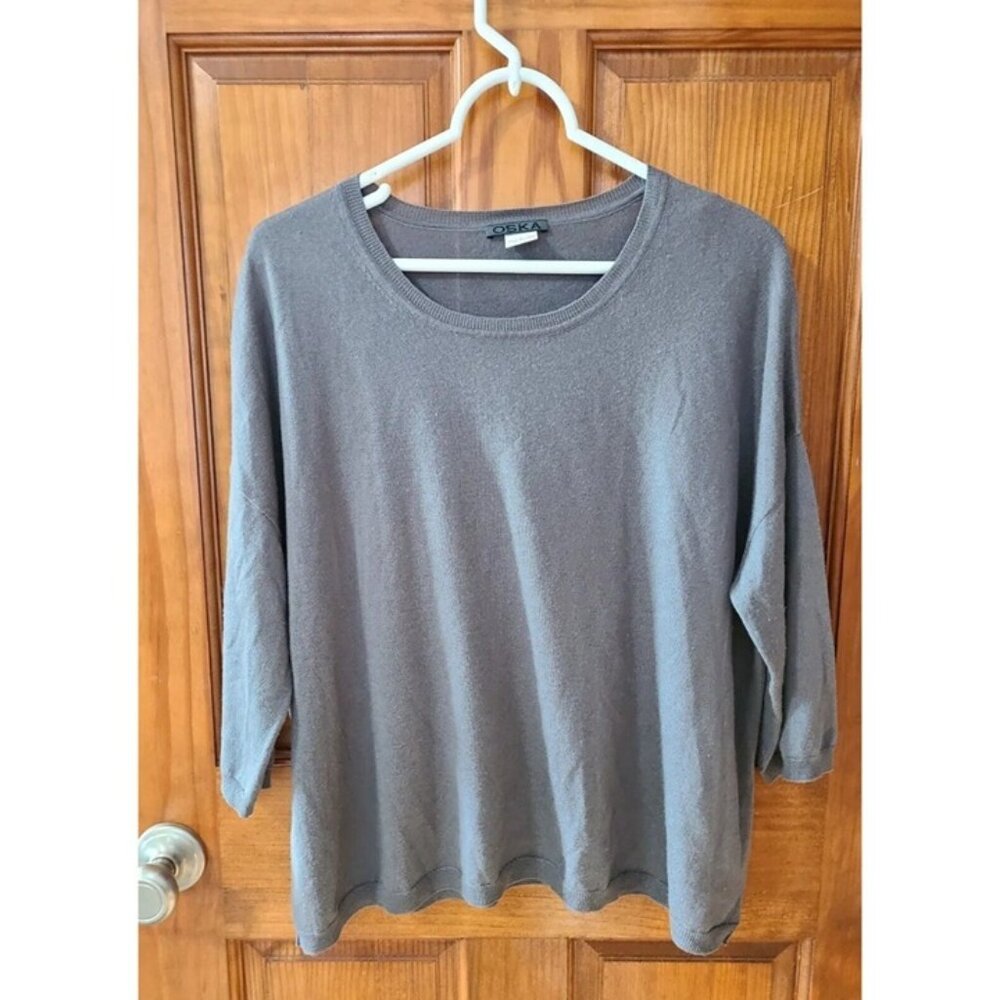 OSKA Sweater Top Woman's Size 1 Gray 3/4 Sleeve Pullover Silk Cashmere